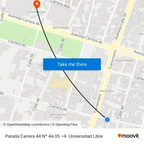 Parada Carrera 44 Nº 44-35 to Universidad Libre map