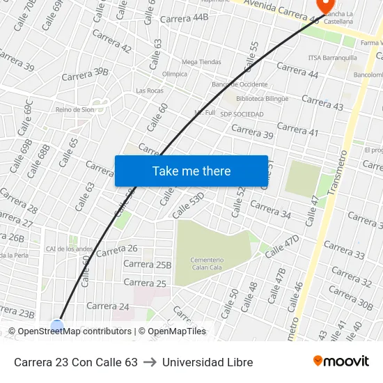 Carrera 23 Con Calle 63 to Universidad Libre map