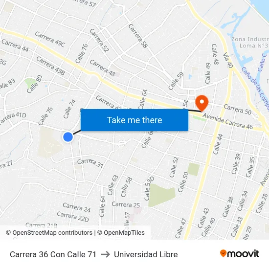 Carrera 36 Con Calle 71 to Universidad Libre map