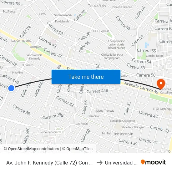 Av. John F. Kennedy (Calle 72) Con Carrera 41 to Universidad Libre map