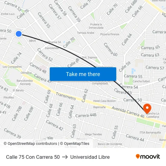 Calle 75 Con Carrera 50 to Universidad Libre map