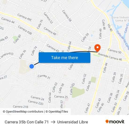 Carrera 35b Con Calle 71 to Universidad Libre map