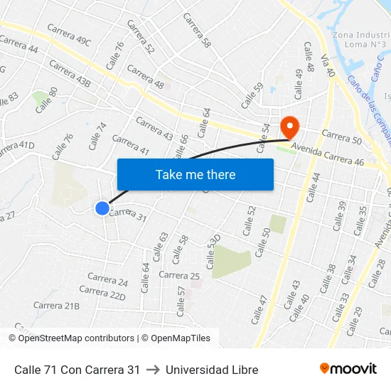 Calle 71 Con Carrera 31 to Universidad Libre map