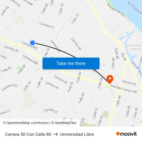 Carrera 50 Con Calle 80 to Universidad Libre map