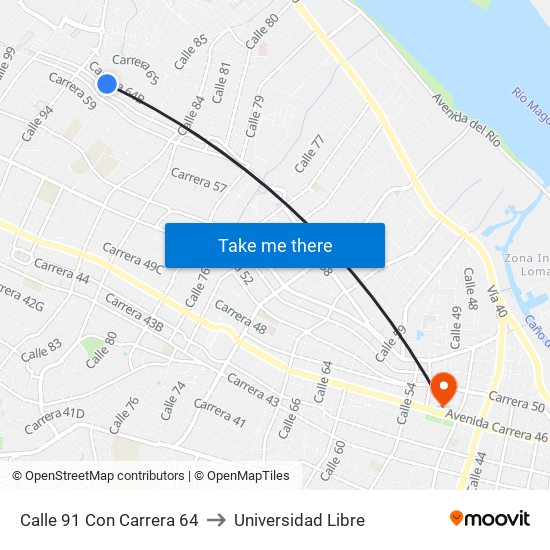 Calle 91 Con Carrera 64 to Universidad Libre map