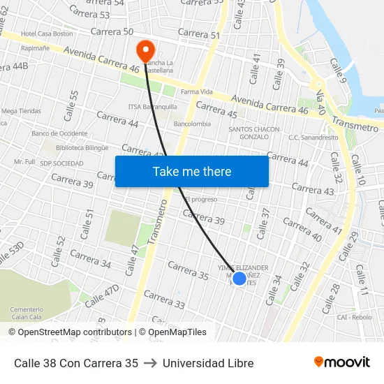 Calle 38 Con Carrera 35 to Universidad Libre map