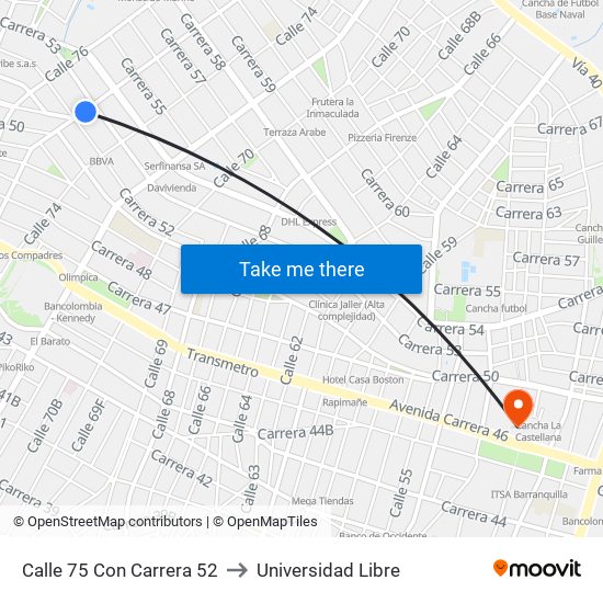 Calle 75 Con Carrera 52 to Universidad Libre map