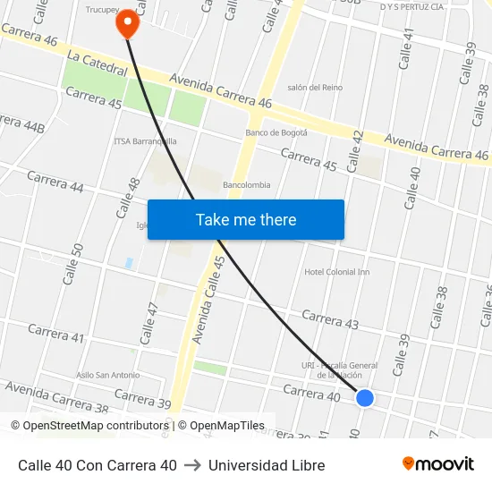 Calle 40 Con Carrera 40 to Universidad Libre map