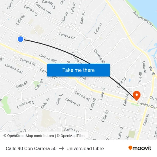 Calle 90 Con Carrera 50 to Universidad Libre map