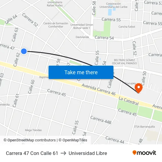 Carrera 47 Con Calle 61 to Universidad Libre map