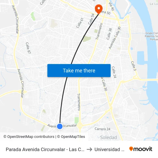 Parada Avenida Circunvalar - Las Cayenas to Universidad Libre map