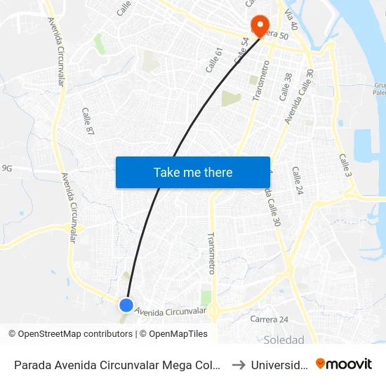 Parada Avenida Circunvalar Mega Colegio Jorge Robledo Ortiz to Universidad Libre map