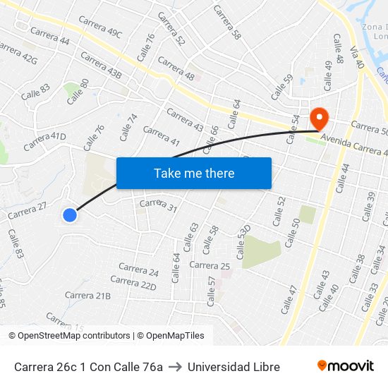 Carrera 26c 1 Con Calle 76a to Universidad Libre map