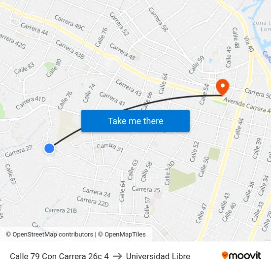 Calle 79 Con Carrera 26c 4 to Universidad Libre map