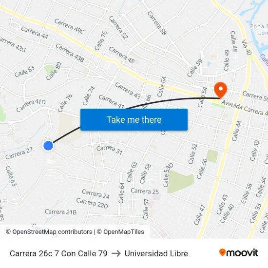 Carrera 26c 7 Con Calle 79 to Universidad Libre map