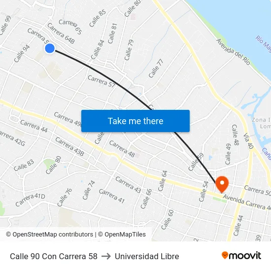 Calle 90 Con Carrera 58 to Universidad Libre map