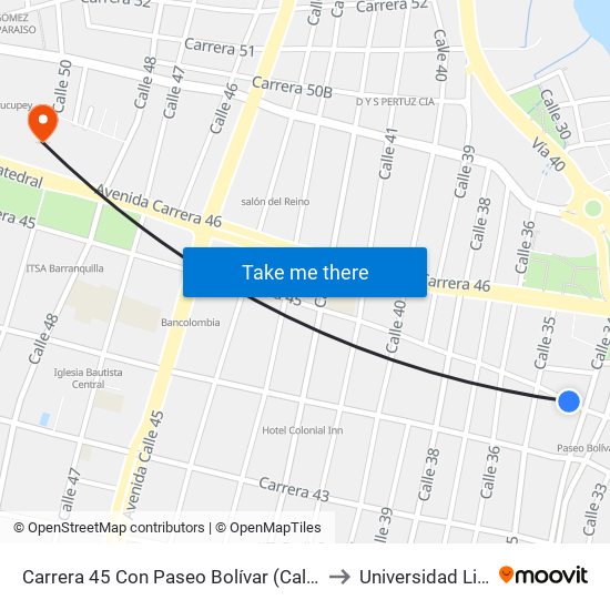 Carrera 45 Con Paseo Bolívar (Calle 34) to Universidad Libre map