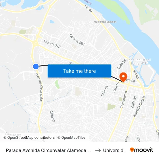 Parada Avenida Circunvalar Alameda Del Rio Lado Occidental to Universidad Libre map