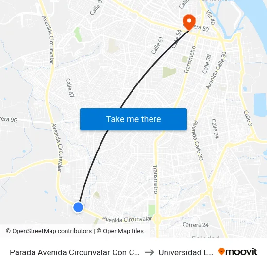 Parada Avenida Circunvalar Con Calle 96 to Universidad Libre map