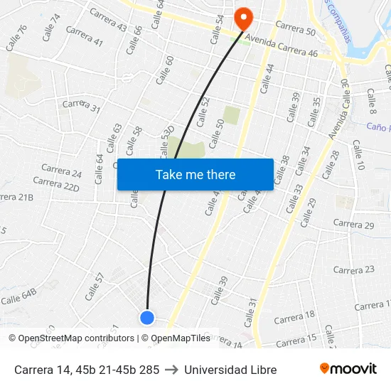 Carrera 14, 45b 21-45b 285 to Universidad Libre map