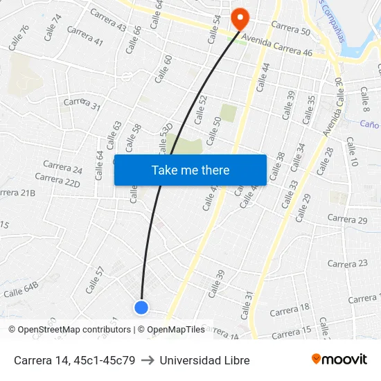 Carrera 14, 45c1-45c79 to Universidad Libre map