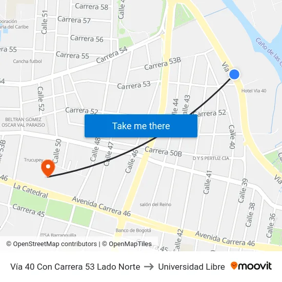 Vía 40 Con Carrera 53 Lado Norte to Universidad Libre map