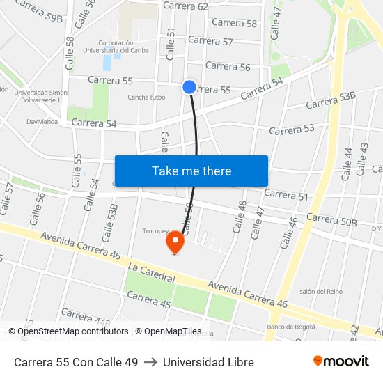 Carrera 55 Con Calle 49 to Universidad Libre map