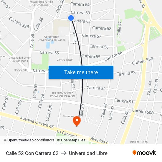 Calle 52 Con Carrera 62 to Universidad Libre map