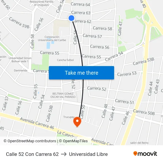 Calle 52 Con Carrera 62 to Universidad Libre map