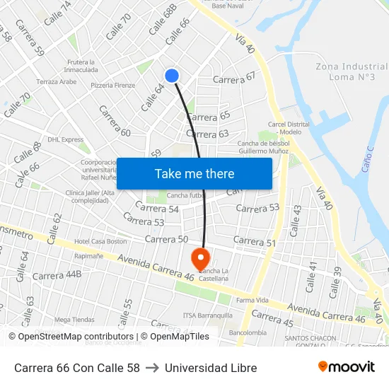 Carrera 66 Con Calle 58 to Universidad Libre map