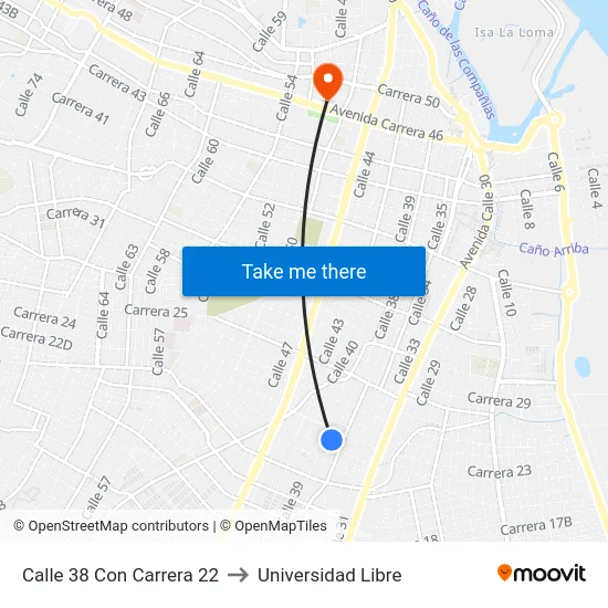 Calle 38 Con Carrera 22 to Universidad Libre map