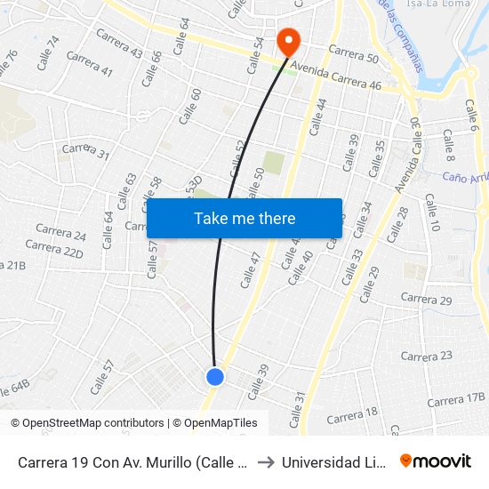 Carrera 19 Con Av. Murillo (Calle 45) to Universidad Libre map