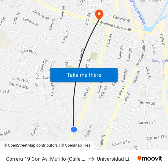 Carrera 19 Con Av. Murillo (Calle 45) to Universidad Libre map