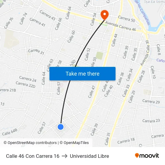 Calle 46 Con Carrera 16 to Universidad Libre map