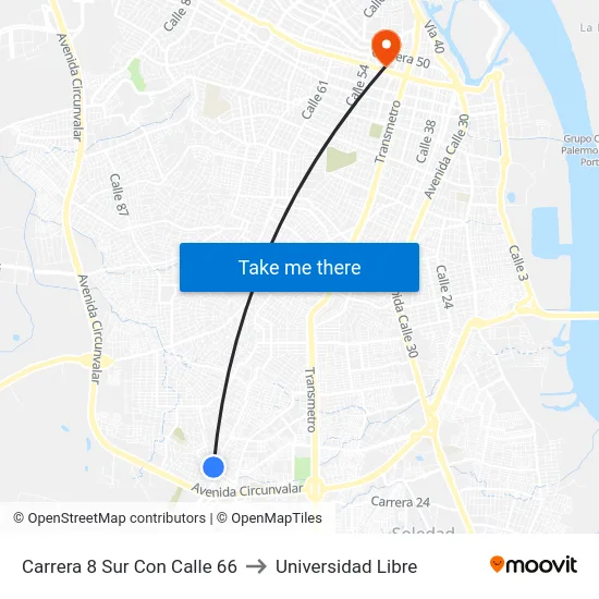 Carrera 8 Sur Con Calle 66 to Universidad Libre map