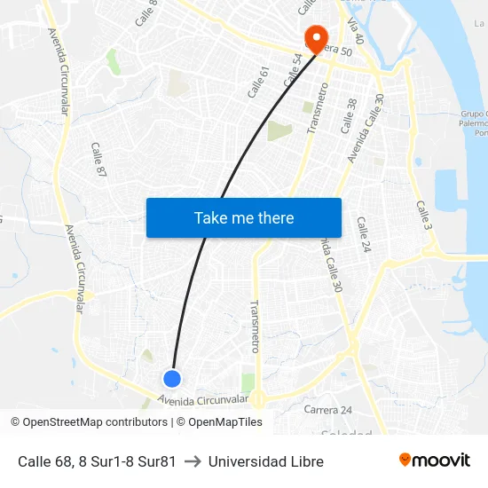 Calle 68, 8 Sur1-8 Sur81 to Universidad Libre map