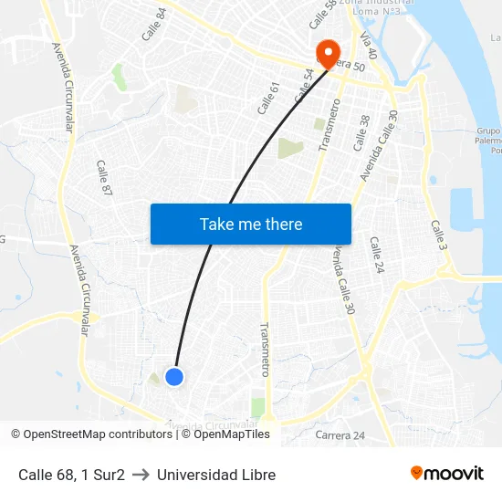 Calle 68, 1 Sur2 to Universidad Libre map
