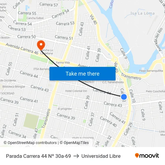 Parada Carrera 44 Nº 30a-69 to Universidad Libre map