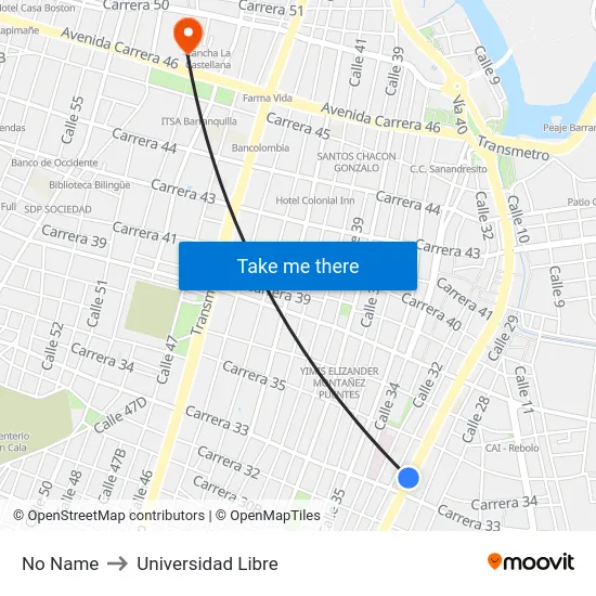 No Name to Universidad Libre map