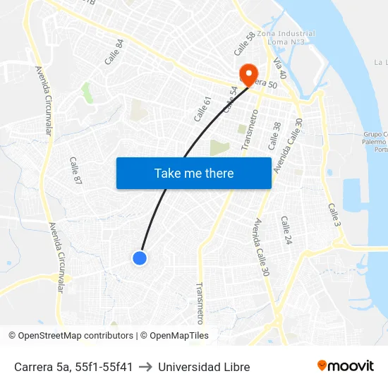 Carrera 5a, 55f1-55f41 to Universidad Libre map