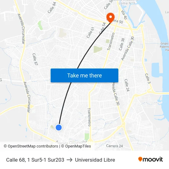 Calle 68, 1 Sur5-1 Sur203 to Universidad Libre map