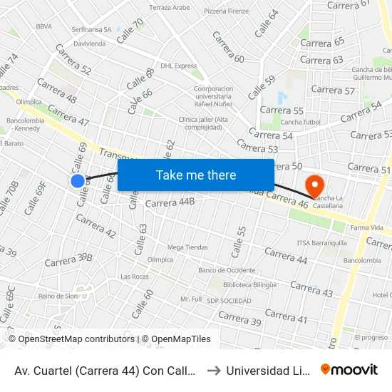 Av. Cuartel (Carrera 44) Con Calle 68 to Universidad Libre map