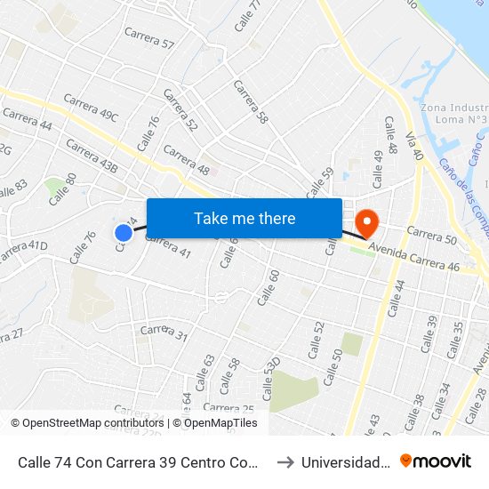Calle 74  Con Carrera 39 Centro Comercial Único to Universidad Libre map