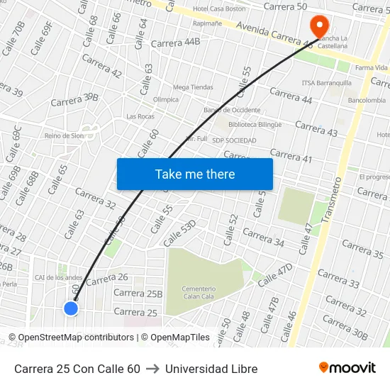 Carrera 25 Con Calle 60 to Universidad Libre map