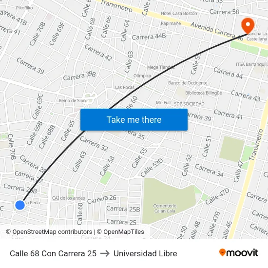 Calle 68 Con Carrera 25 to Universidad Libre map