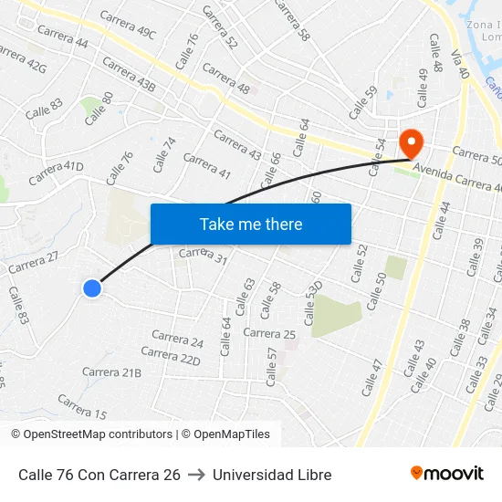 Calle 76 Con Carrera 26 to Universidad Libre map