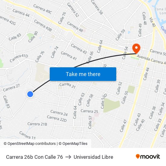 Carrera 26b Con Calle 76 to Universidad Libre map