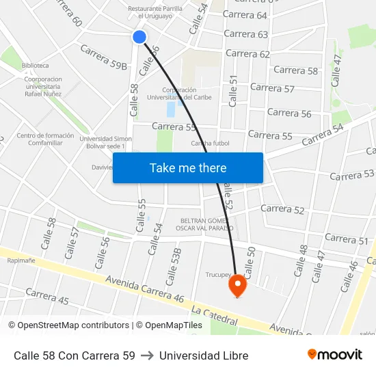 Calle 58 Con Carrera 59 to Universidad Libre map