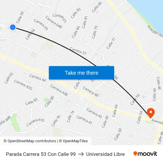 Parada Carrera 53 Con Calle 99 to Universidad Libre map