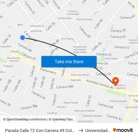 Parada Calle 72 Con Carrera 49 Colegio Lourdes to Universidad Libre map